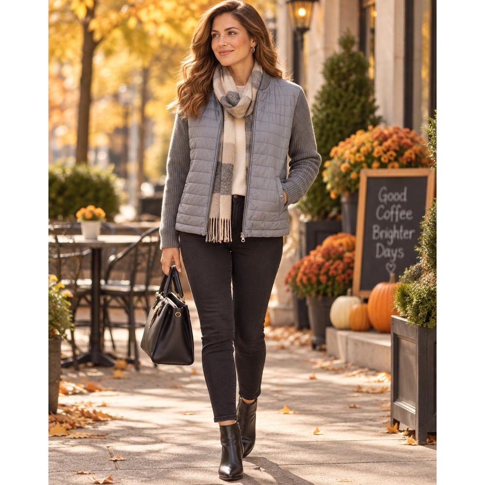 J McLaughlin Women Large Gray Quilted Knit Jacket Quiet Luxury Preppy Full Zip